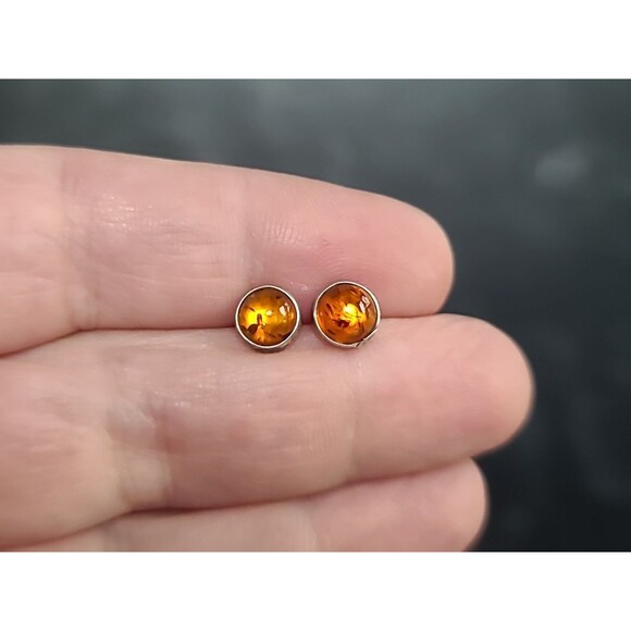 925 Sterling Silver Real Amber Circular Stud Earrings Vintage - Picture 2 of 10